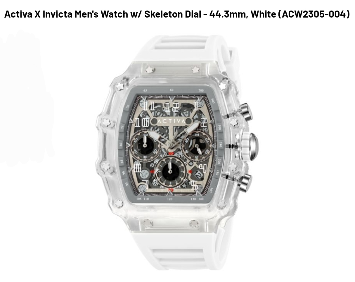 Activa X Invicta Men's Watch w/ Skeleton Dial - 44.3mm, White