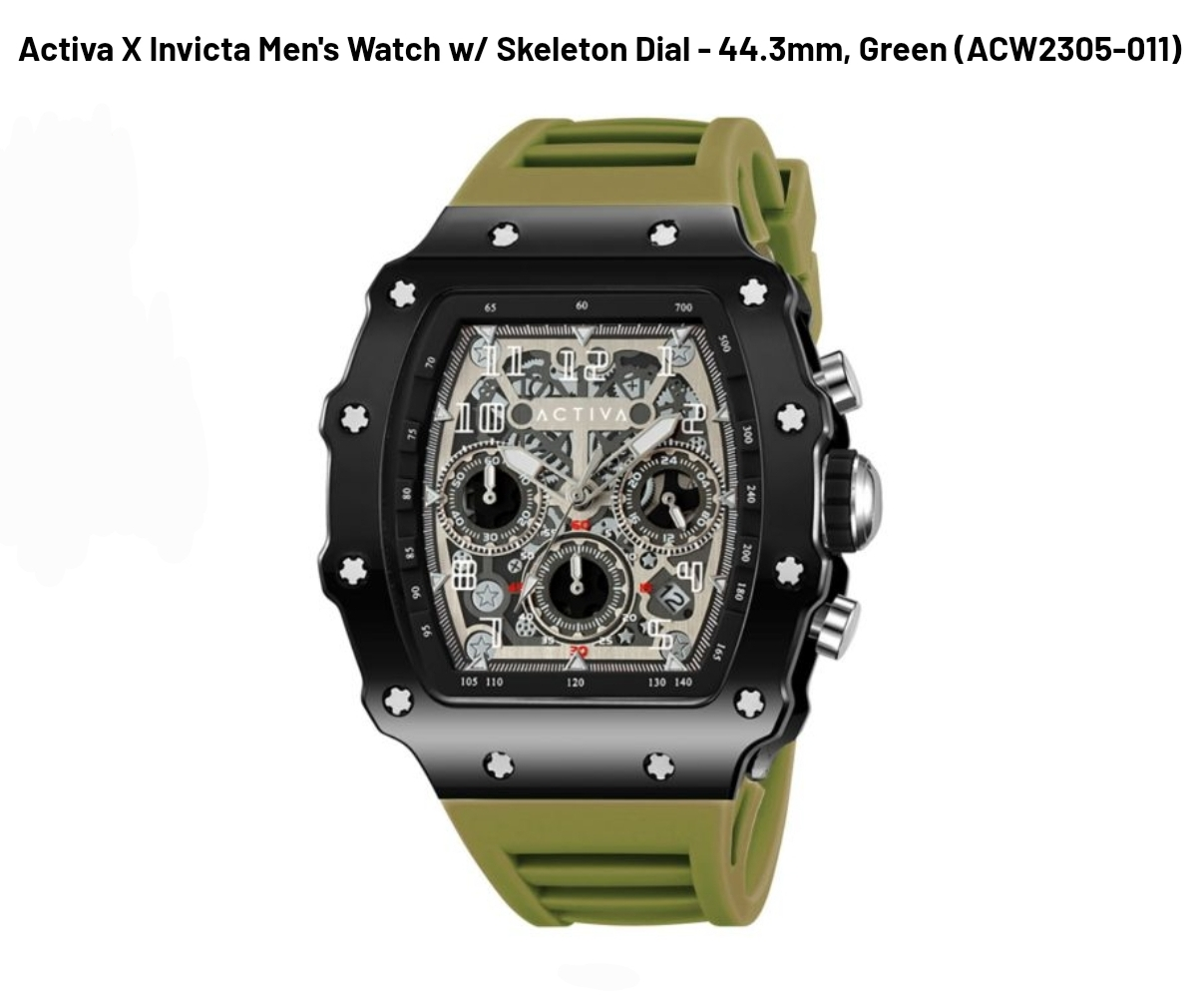 Activa X Invicta Men's Watch w/ Skeleton Dial - 44.3mm, Green