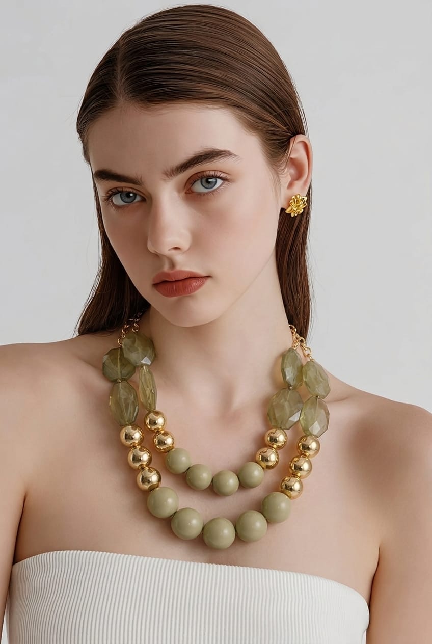 Statement Neckless Green 18K Glod Plated with two Drops,18" + 23" with 5" extender.